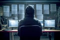 Hacker back view computer cyberspace security criminal technology burglar coding internet fraud danger virtual virus