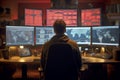 Hacker back view computer cyberspace security criminal technology burglar coding internet fraud danger virtual virus