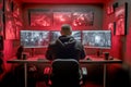 Hacker back view computer cyberspace security criminal technology burglar coding internet fraud danger virtual virus