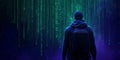 Hacker with a backpack is looking at falling lines of green binary code