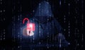 A hacker behind binary code, a stream of data, is able to break through it and unlocks cyber security. Cybercrime concept