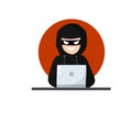 Hacker behind computer. Hacking password in laptop. man in black hood. Cyber robber