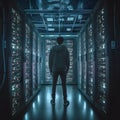 Hacker and Big data dark server room Royalty Free Stock Photo