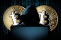 Hacker with bitcoins behind notebook laptop in front blue source binary code background internet cyber hack attack crypto currency