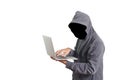 Hacker black face anonymous with laptop isolated white background, clipping path