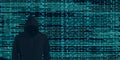 Hacker in black hood Shows the extraction through binary. Stand in front of a code background with binary streams and information Royalty Free Stock Photo