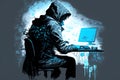Hacker in a blue hoody standing in front of a code background. Neural network AI generated
