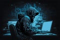 Hacker in a blue hoody standing in front of a code background. Neural network AI generated