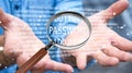 Hacker using digital magnifying glass to find password 3D render Royalty Free Stock Photo