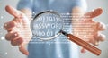 Hacker using digital magnifying glass to find password 3D render Royalty Free Stock Photo