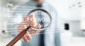 Hacker using digital magnifying glass to find password 3D render