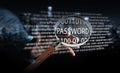 Hacker using digital magnifying glass to find password 3D render Royalty Free Stock Photo