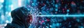 A hacker breaches a digital firewall, scattering fragments around while navigating through virtual space in a high-tech