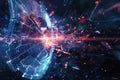 A hacker breaches a digital shield, causing fragmentation and chaos as pieces of the firewall scatter in a dramatic