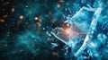 A hacker breaches a digital shield, causing fragments to scatter in the air, illustrating a cybersecurity struggle in a