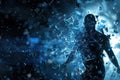 A hacker breaches a digital shield, causing fragments to scatter in a dark, high-tech setting, highlighting the threat