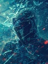 A hacker breaches a digital shield, causing fragments to scatter in a dynamic display of cybersecurity challenges and