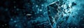 A hacker breaches a digital shield, causing fragments to scatter, symbolizing a security threat in the realm of