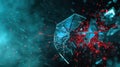 A hacker breaches a digital shield, causing pieces to scatter in a dramatic display of cybersecurity threats and