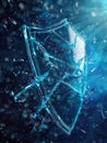 A hacker breaches a digital shield, with fragments flying around in a high-tech cybersecurity landscape representing a