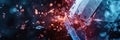 A hacker breaches a digital shield, scattering fragments around in a dynamic representation of cybersecurity threats and