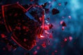A hacker breaches a digital shield, scattering fragments that symbolize a security compromise in a virtual setting