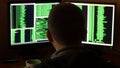 Hacker breaking code and drinking from the cup at your desk. Criminal hacker penetrating network system from his dark