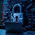 Hacker breaking damaged padlock during cyber attack and data breach