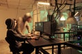 Hacker breaking into internet network system, coding computer worm Royalty Free Stock Photo