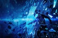 A hacker breaks through a digital shield, scattering fragments in a dramatic display of cyber intrusion and security