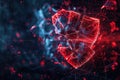 A hacker breaks through a digital shield, scattering fragments of the shield around, highlighting vulnerabilities in