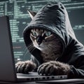 A hacker cat wearing a hoodie hacking on a laptop. Created with Generative AI