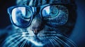 Hacker cat works at computer in dark room, digital code reflected in glasses. Concept of spy, ransomware, technology, hack, funny Royalty Free Stock Photo