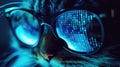 Hacker cat works at computer in dark room, digital data reflected in glasses. Concept of spy, ransomware, technology, hack, funny Royalty Free Stock Photo