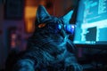 Hacker cat works at computer in dark room, digital data reflected in glasses. Concept of spy, technology, hack, funny animal, Royalty Free Stock Photo