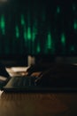 Hacker code in laptop. Cyber security, privacy or hack threat. Coder or programmer writing virus software, malware, internet Royalty Free Stock Photo