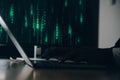Hacker code in laptop. Cyber security, privacy or hack threat. Coder or programmer writing virus software, malware, internet Royalty Free Stock Photo