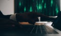 Hacker code in laptop. Cyber security, privacy or hack threat. Coder or programmer writing virus software, malware, internet Royalty Free Stock Photo