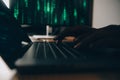 Hacker code in laptop. Cyber security, privacy or hack threat. Coder or programmer writing virus software, malware, internet Royalty Free Stock Photo