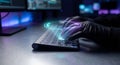 Hacker coding on a computer keyboard with a futuristic glowing interface Royalty Free Stock Photo