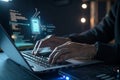 Hacker coding on laptop with digital chip overlay Royalty Free Stock Photo