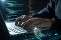 Hacker coding on laptop with digital interface overlay Royalty Free Stock Photo
