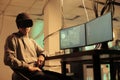 Hacker coding malicious software in virtual reality, hacking server Royalty Free Stock Photo