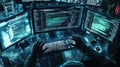 Hacker coding on multiple computer screens in a dark room Royalty Free Stock Photo