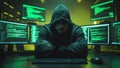 Hacker coding on multiple computer screens with green code, planning cyber attack Royalty Free Stock Photo