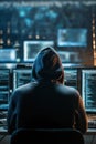 Hacker coding on multiple computer screens at night Royalty Free Stock Photo