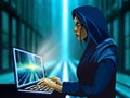 Hacker with computer. Hooded girl with laptop. Hacking connection