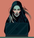 Hacker with computer. Hooded girl with laptop. Hacking connection