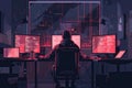 A hacker concentrates on complex tasks at a desk illuminated by glowing screens, shrouded in a dimly lit atmosphere of a
