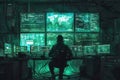 A hacker concentrates at a desk in a dimly lit room, surrounded by glowing computer screens displaying data and maps